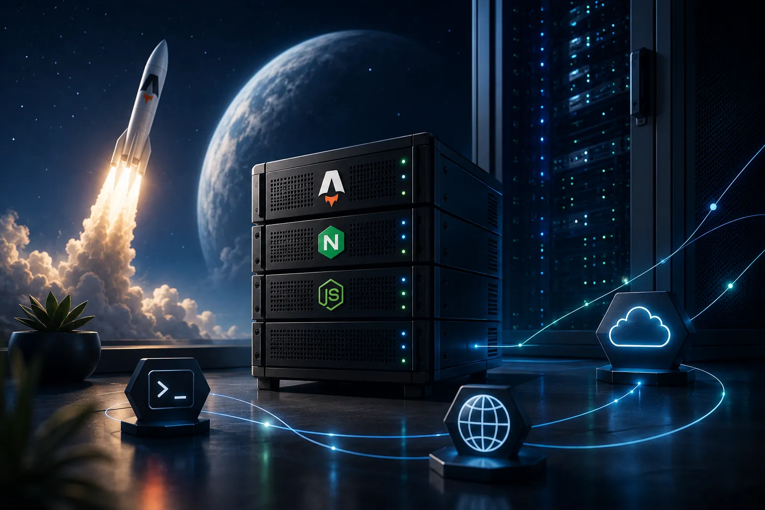 Astro, Nginx, and Node.js server rack with rocket launch and cloud infrastructure
