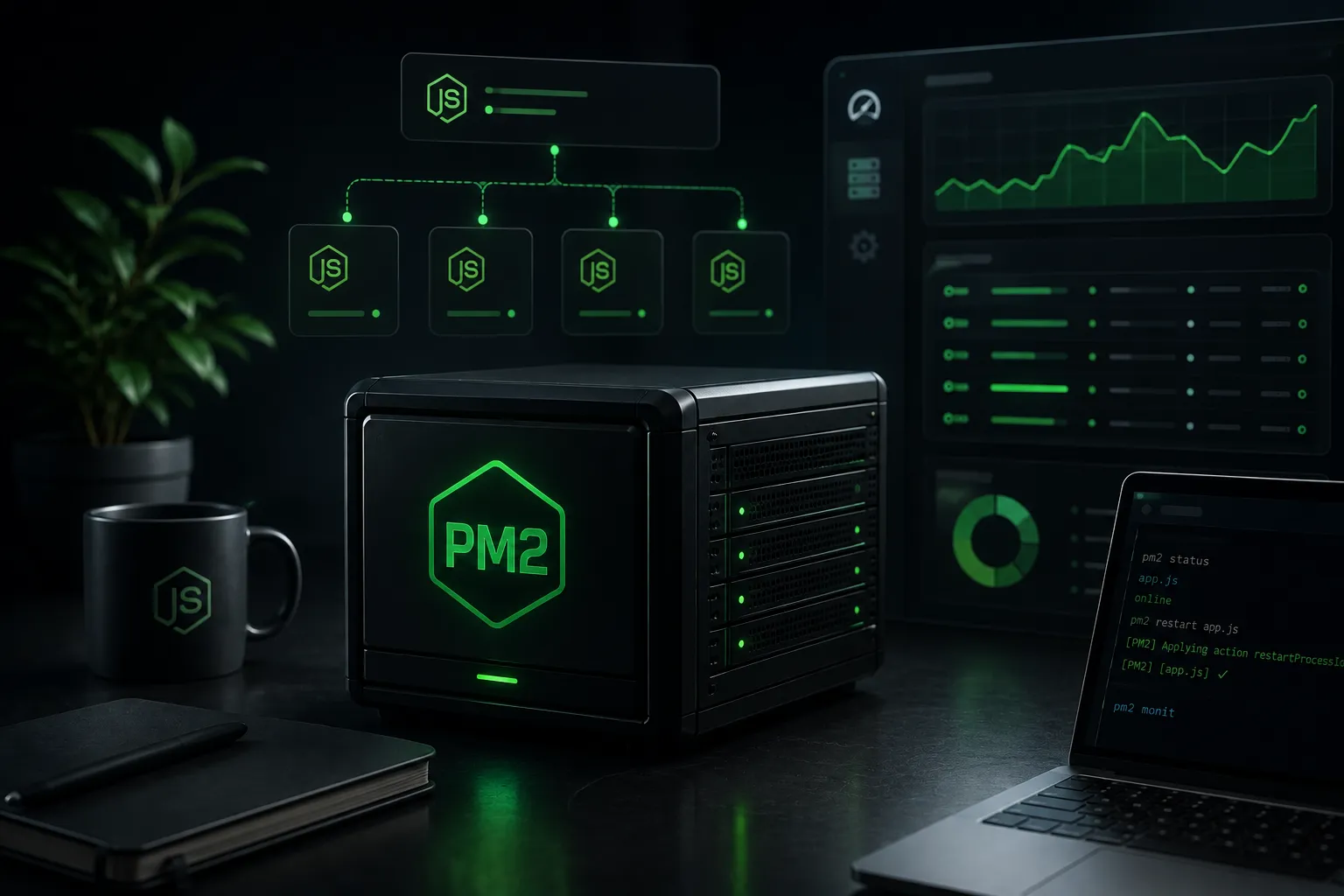 PM2 Node.js process manager dashboard with terminal