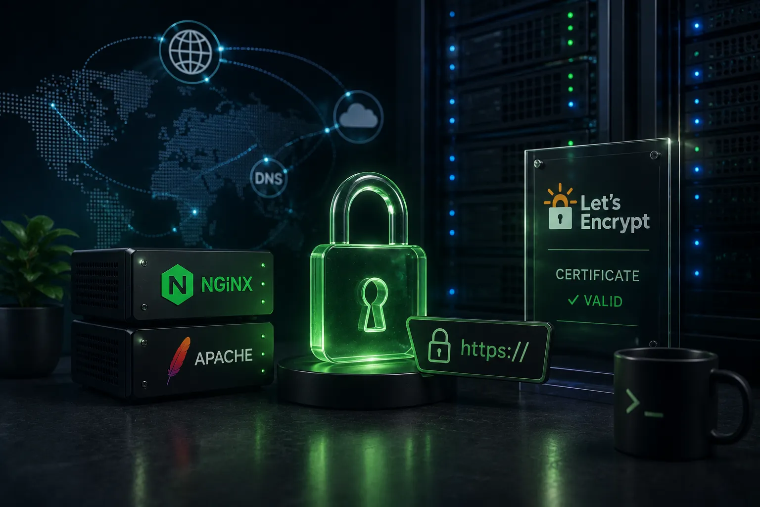 HTTPS padlock with Let's Encrypt, Nginx, and Apache logos