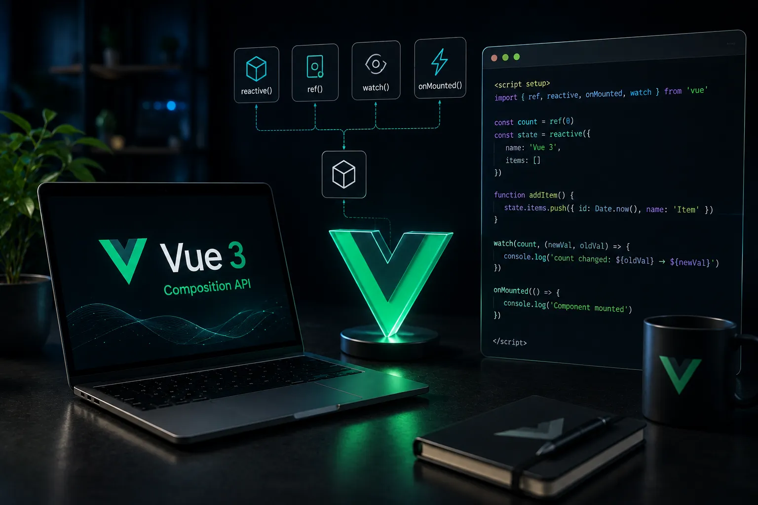 Vue 3 Composition API code with reactive state and composables